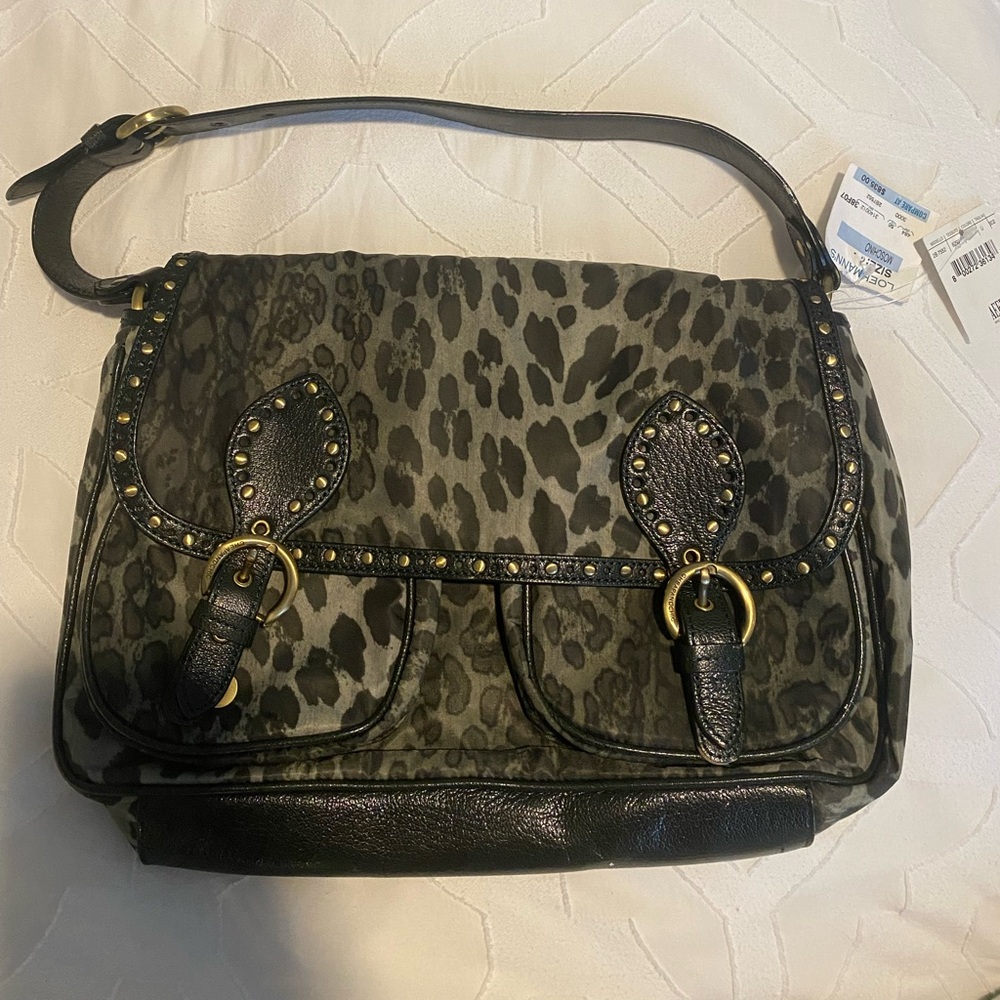 New Moschino Cheap & Chic Gray Black Leopard Nylon Leather Studded Shoulder Bag